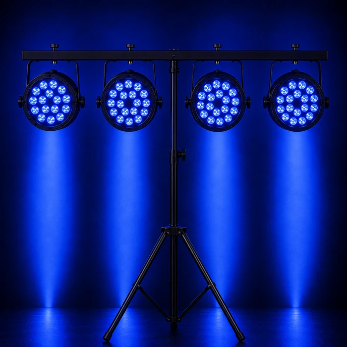 סט תאורה מקצועית – 4 פנסי Plastic Par LED 18×10W RGB+WW 4in1+ סטנד תאורה מסיבי ממתכת