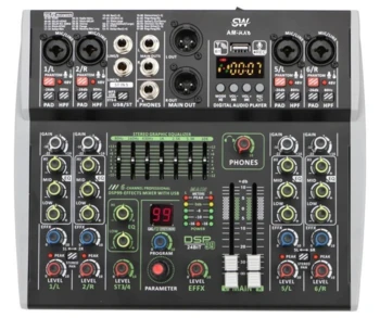 מיקסר אודיו SW AM-AX6 – 6 ערוצים, Bluetooth, USB, 99 אפקטים DSP וכוח פנטום 48V