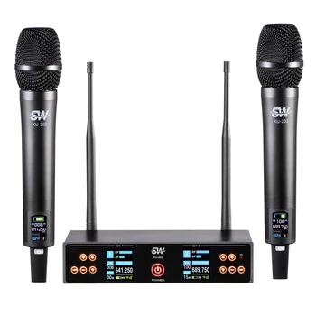 זוג מיקרופונים ידניים אלחוטיים נטענים UHF צג דיגיטלי טווח קליטה 30 מטר תדר משתנה ממותג:SW דגם:KU- 202